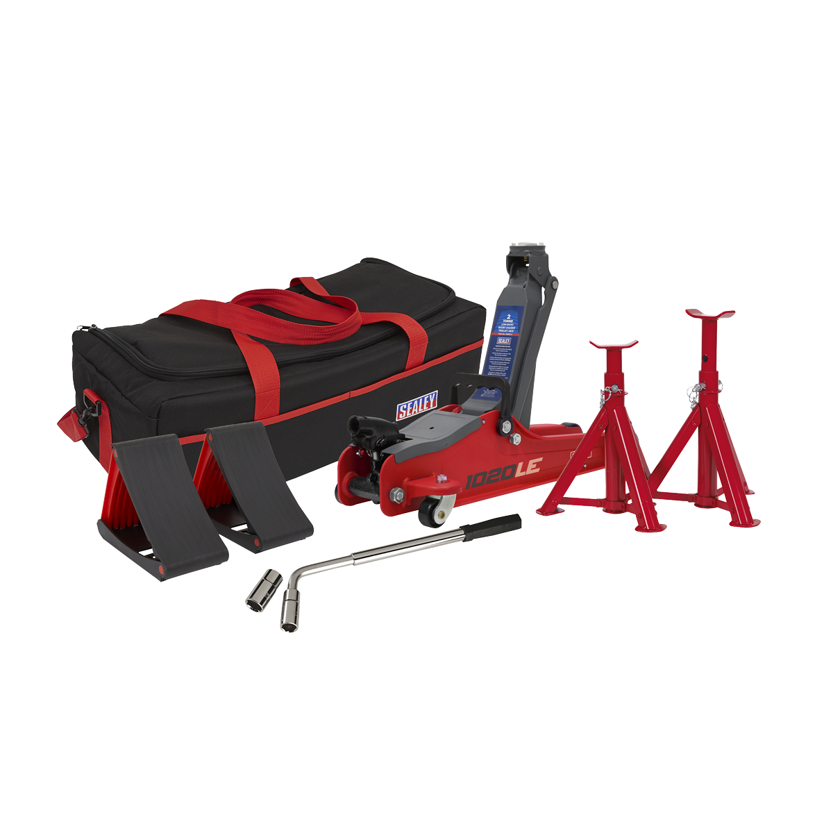 Trolley Jack 2tonne Low Entry Short Chassis & Accessories Bag Combo - Red